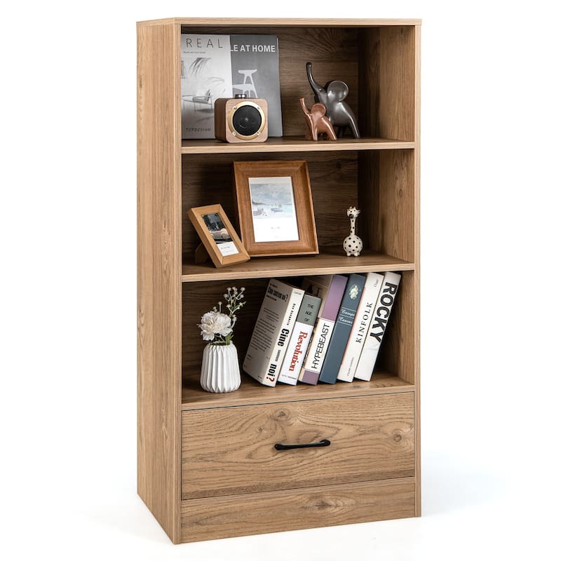 48 Inch Tall 4 Tiers Wood Bookcase with Drawer - 24" x 15" x 48" - Natural