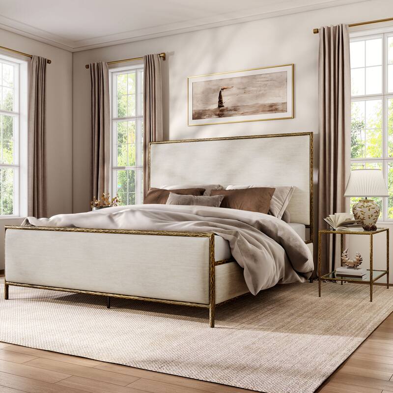 247 Shop At Home Lalia Modern 3-Piece Upholstered Hammered Metal Panel Bedroom Set with 2 Nightstands - Matte Gold - King