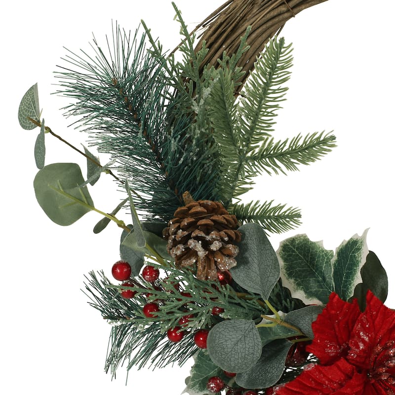 23.5" Poinsettia/Berry/Eucalyptus Half Wreath - Green Leaves