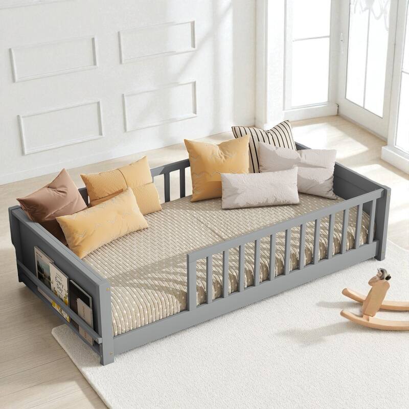 Twin Size Floor Platform Bed with Fence Rail and Built-in Book Rack, Wood Slat Support - Grey - Twin