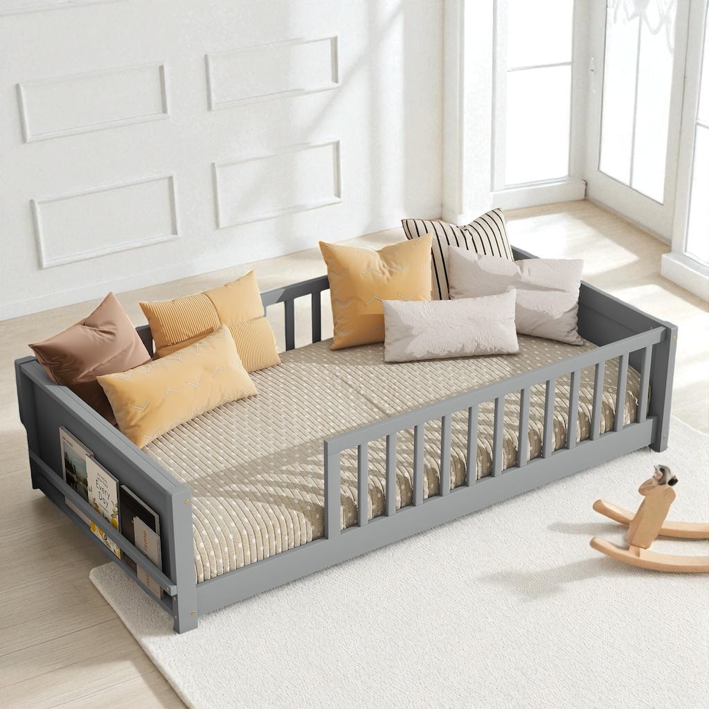 Twin Size Floor Platform Bed with Fence Rail and Built-in Book Rack, Wood Slat Support