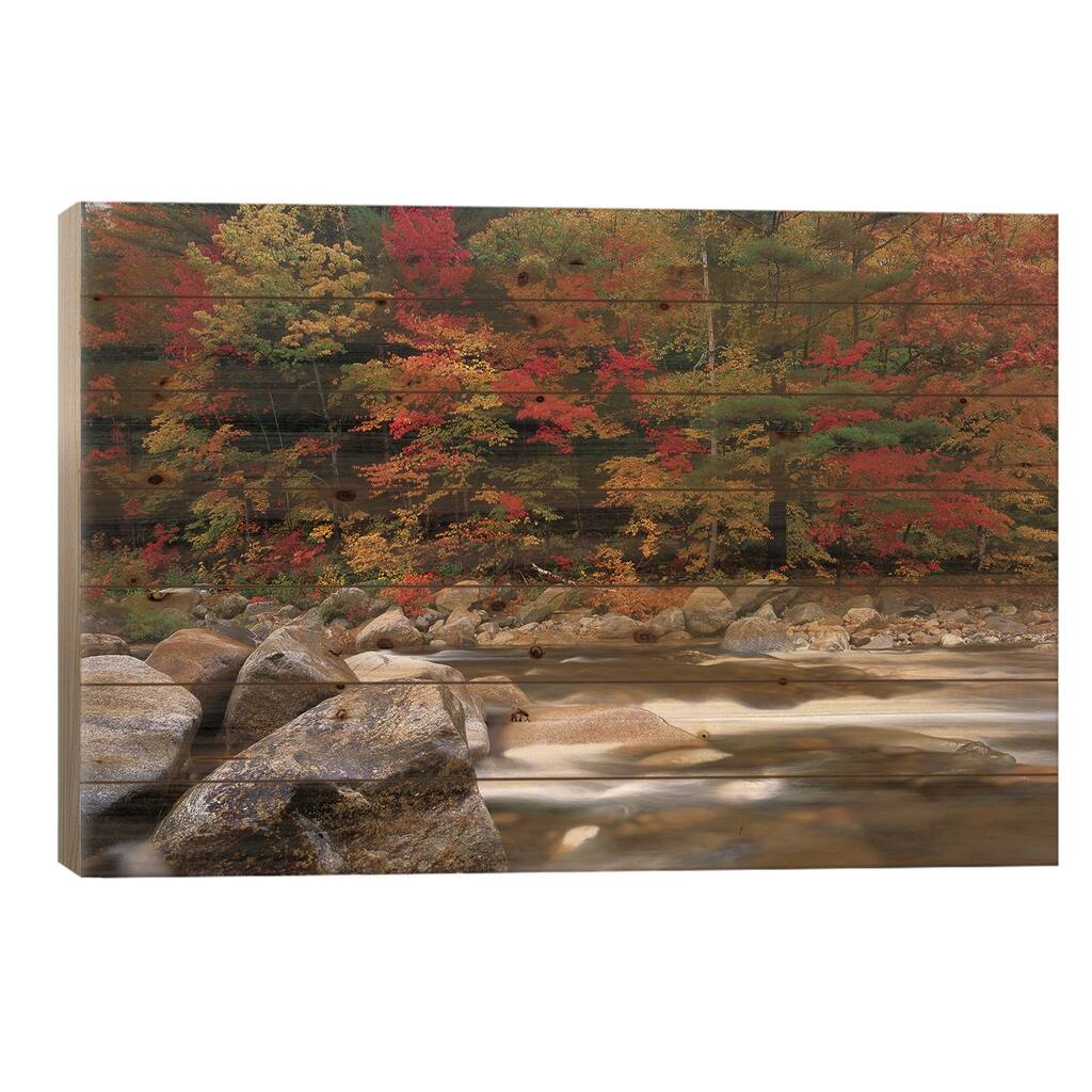 Wild River In Eastern Hardwood Forest, White Mountains National Forest, Maine Print On Wood by Tim Fitzharris - Multi-Color