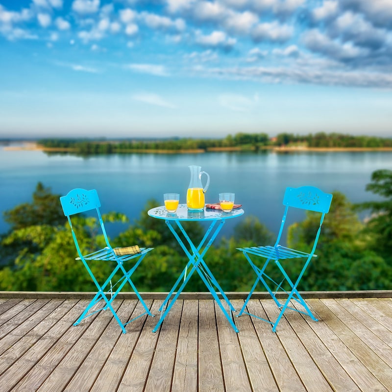 Alpine Corporation Indoor/Outdoor 3-Piece Bistro Set Folding Table and Chairs Patio Seating - Baby Blue