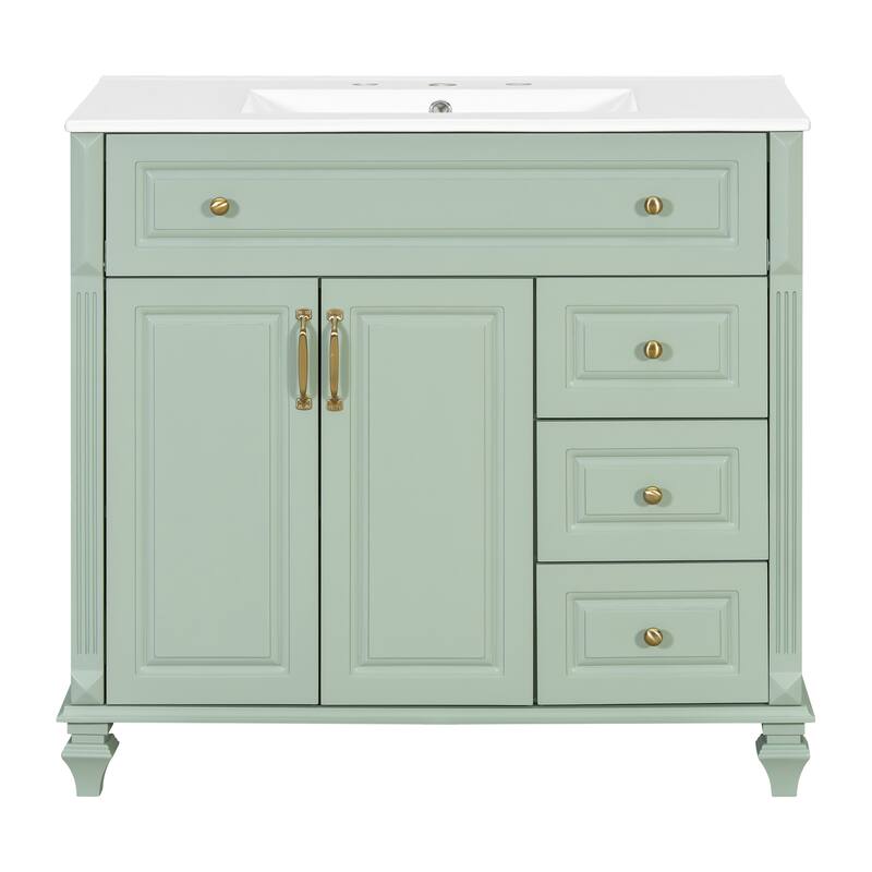 36" Bathroom Vanity with Sink - Solid Wood Cabinet with Flip Drawer, 3 Drawers & 2 Doors, Gold Handles, Modern Vanity