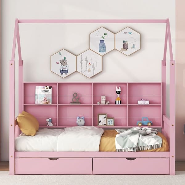 slide 2 of 39, Modern Wooden House Bed Frame, Storage Shelves & Roof