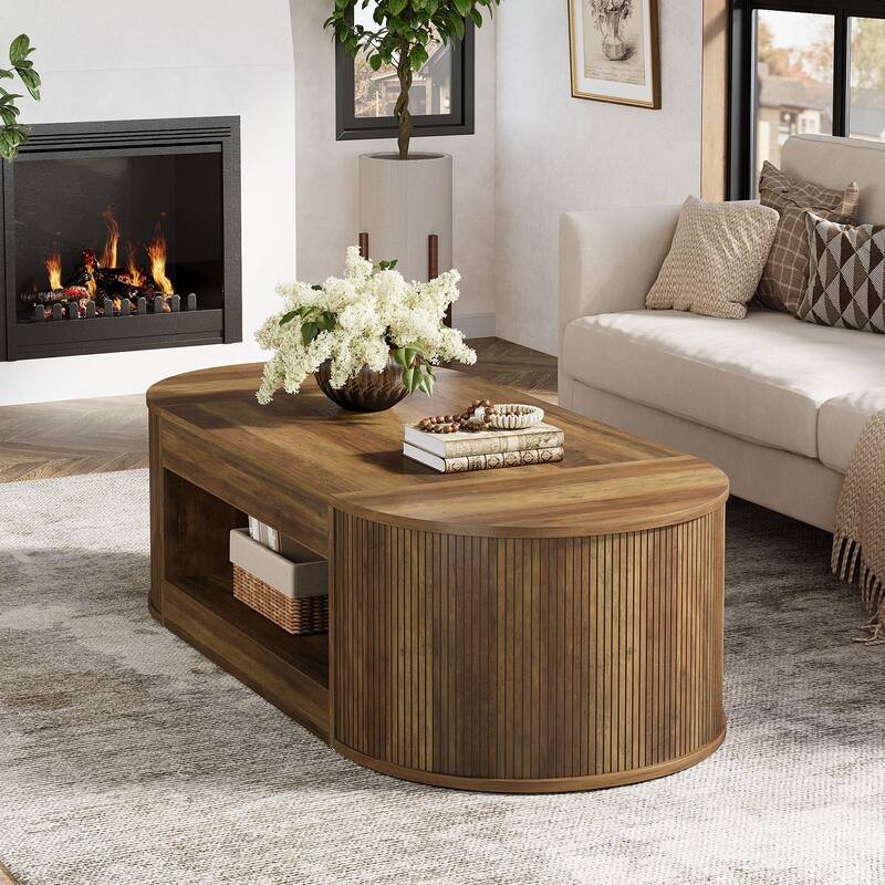 55-Inch Farmhouse Coffee Table, Oval Center Table with Storage