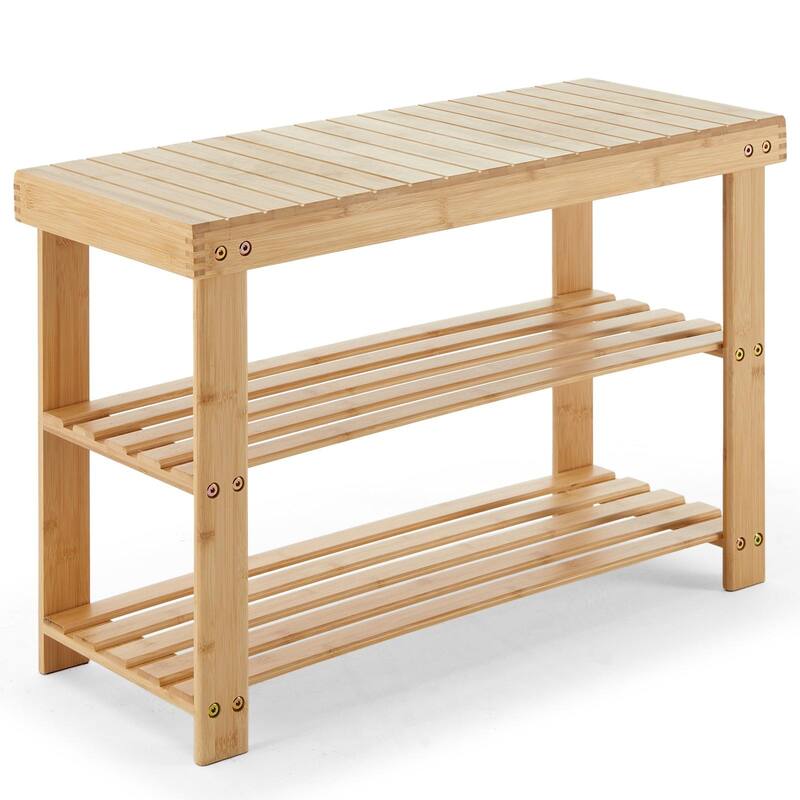 Rossetta 3-Tier Solid Natural Bamboo Compact Storage Shoe Rack Bench, Straightforward Assembly
