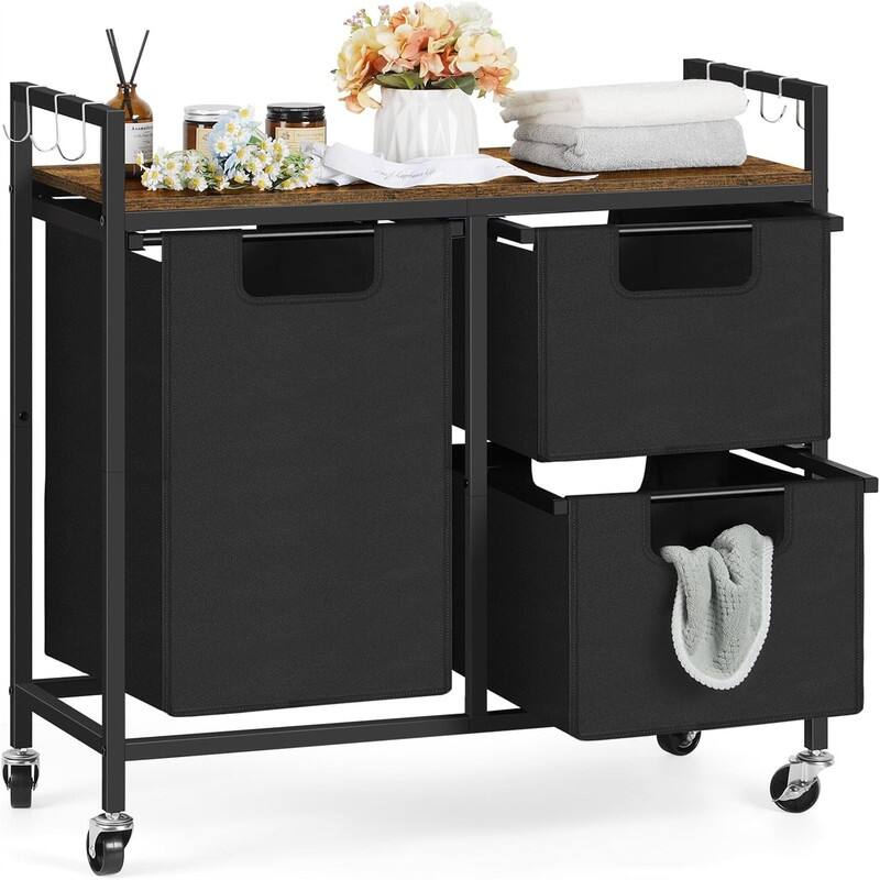 Laundry Hamper 3 Section with Wheels - 29.4"L x 11.8"W x 29.6"H - Rustic Brown