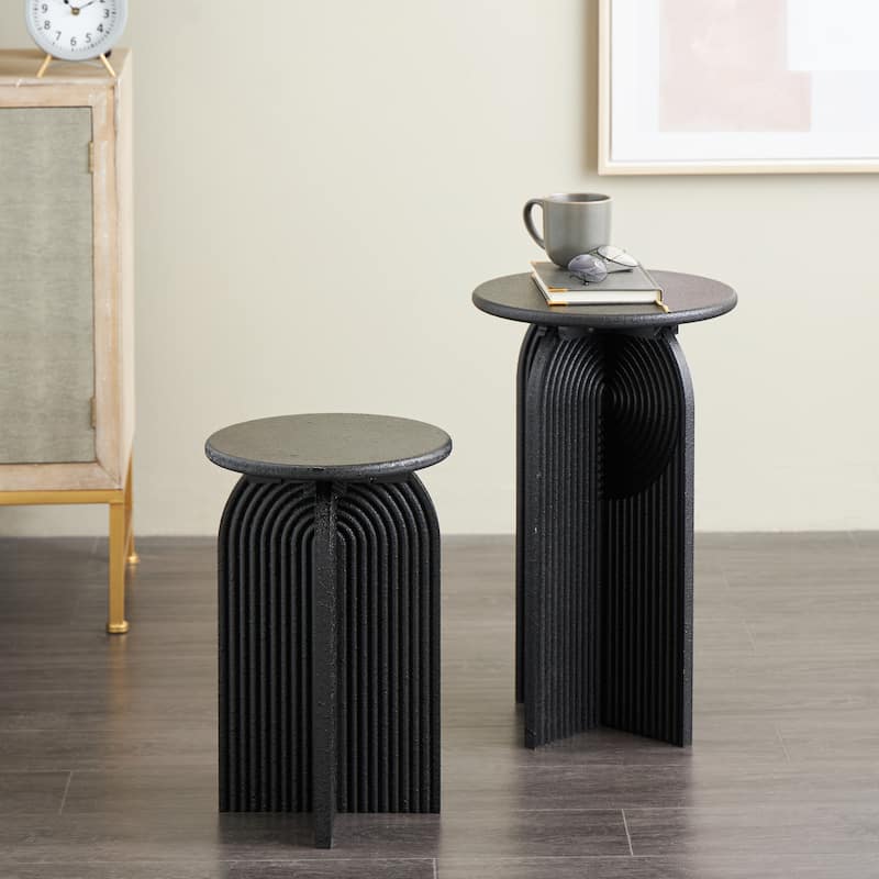 Wood Geometric Sandstone Carved Art Deco Arched Pedestal Accent Table - Set of 2 Black - Roche River Decor