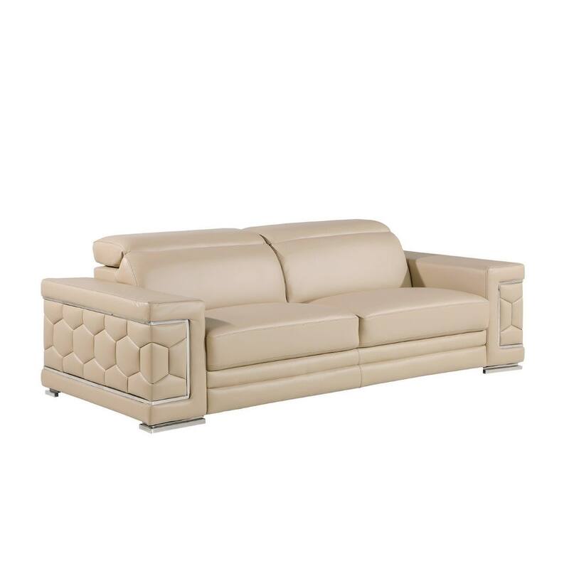 HomeRoots 89" Beige Leather Sofa With Silver Legs