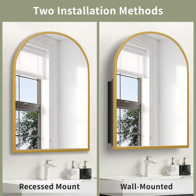 Arched Bathroom Medicine Cabinet with Mirror Metal Framed Wall Mounted Recessed Cabinets for Bathroom Vanity