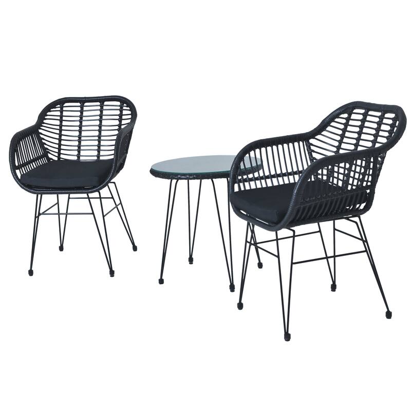 3 Pieces Outdoor Rattan Chair Conversation Sets with Glass Top Table