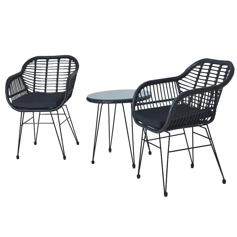 3-piece Outdoor Wicker Rattan Cushioned Bistro Set With Table