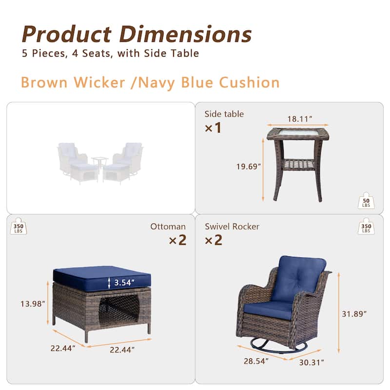5 Piece Outdoor Wicker Patio Swivel Chair with Ottoman Conversation Set
