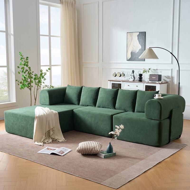 Modular Sectional Sofa with L-Shape Chaise Lounge, Velvet Boneless Cloud Couch, Compressed Sofa with 5 Pillows