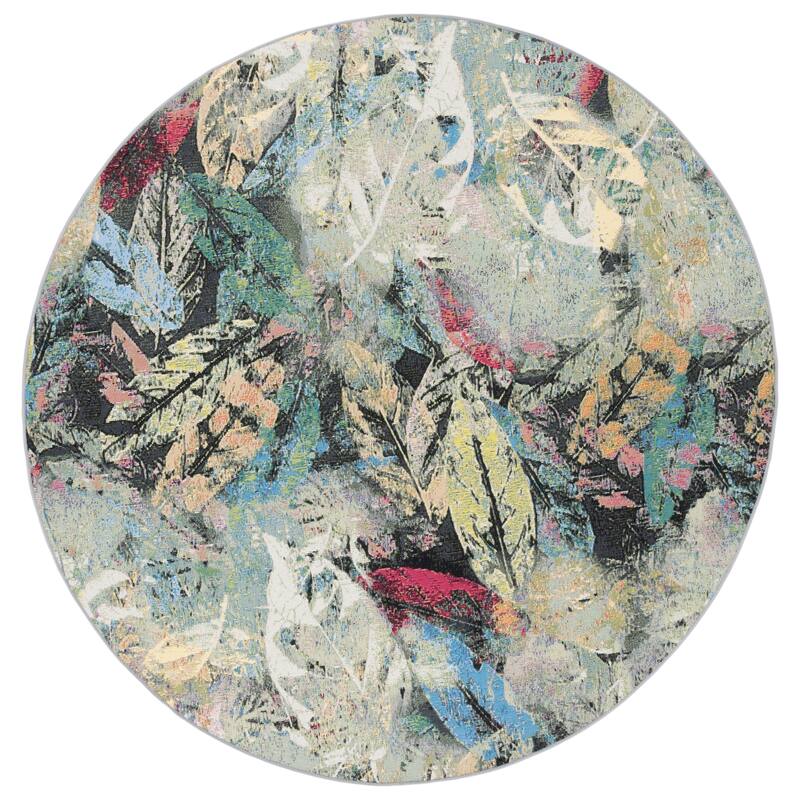 SAFAVIEH Barbados Hilka Tropical Botanical Waterproof Patio Backyard Rug - 6'6" Round - Black Green/Pink