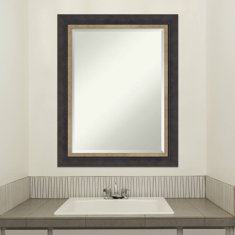 Hammered Charcoal Tan Beveled Wood Framed Bathroom Vanity Wall Mirror - Hammered Charcoal Tan