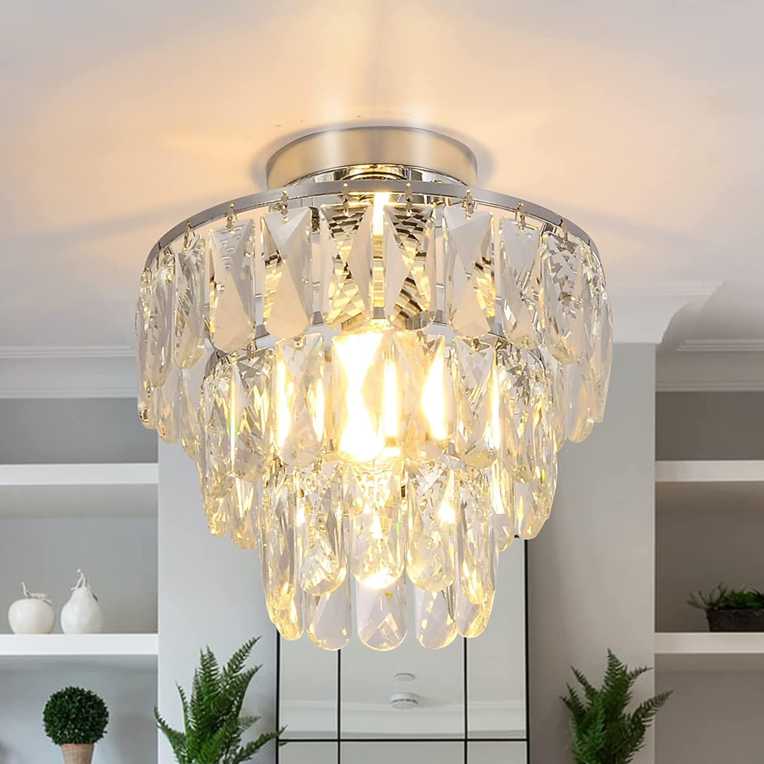 Modern Small Crystal Chandeliers 6 Lights Flush Mount Chandelier