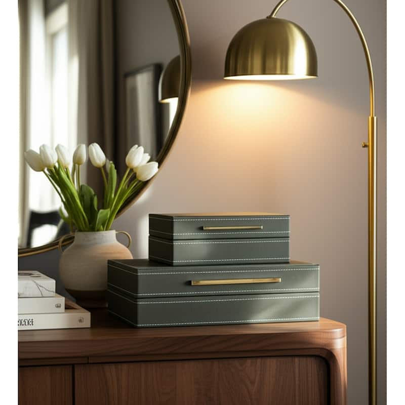 Faux Leather Organizer Box with Lid (Set of 2) - 9" Brown - 12" x 6" x 4" - Multi - 12" x 6" x 4"