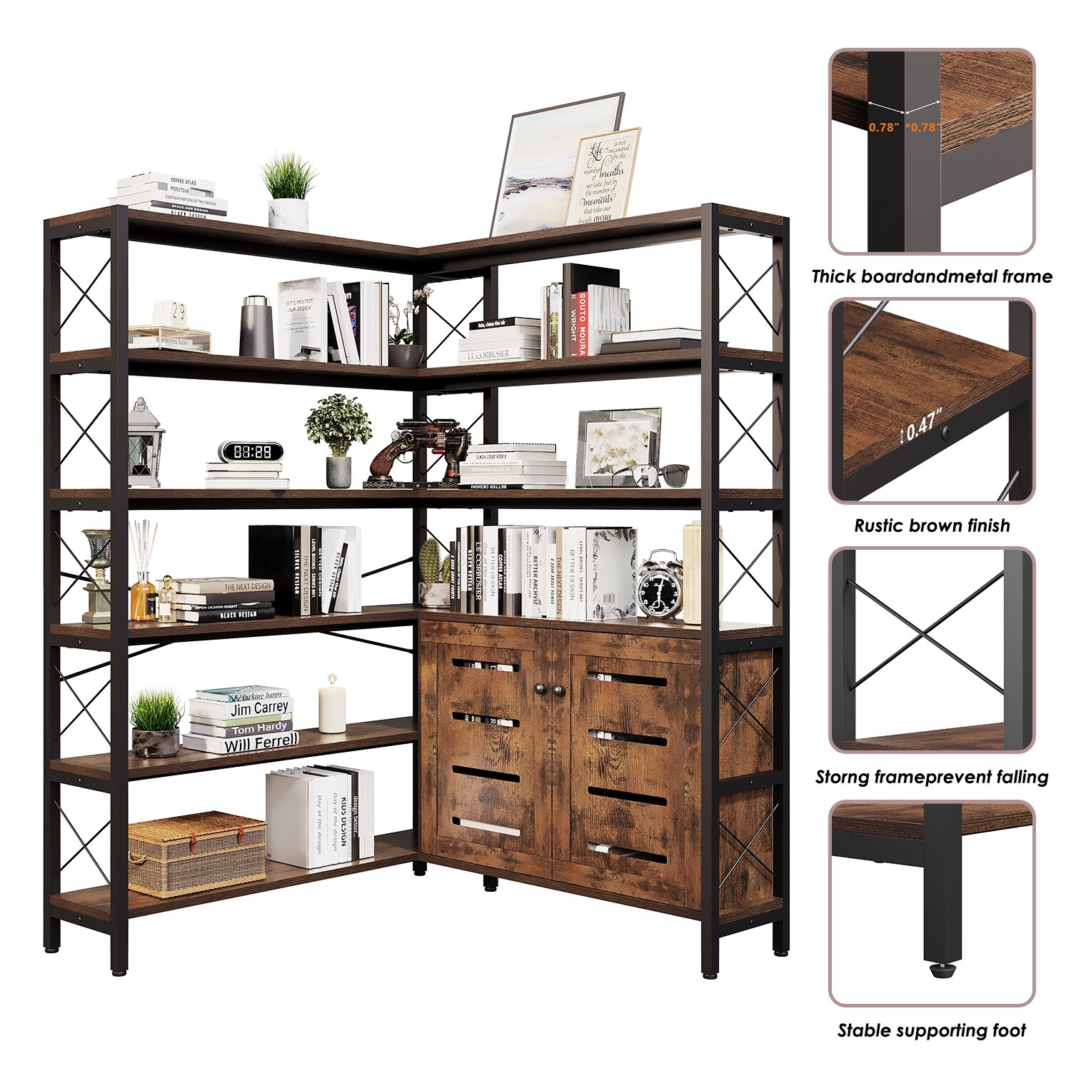 6-Shelf Corner Bookshelf, Vintage Industrial with Storage