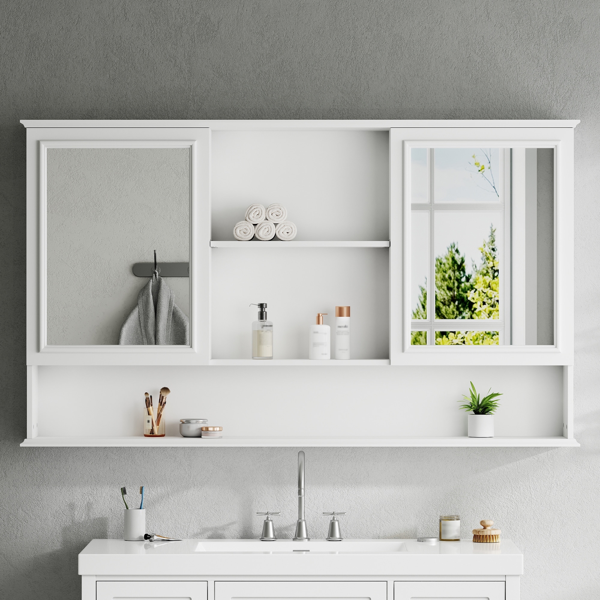 60" Wall-Mounted Bathroom Medicine Cabinet with Double Mirrored Doors, Adjustable Shelves, Open Storage, Soft-Close Hinges