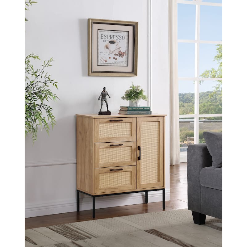 Rattan Bathroom Cabinet, Accent Cabinet with Adjustable Shelves, Storage Cabinet Sideboard with 3 Drawers