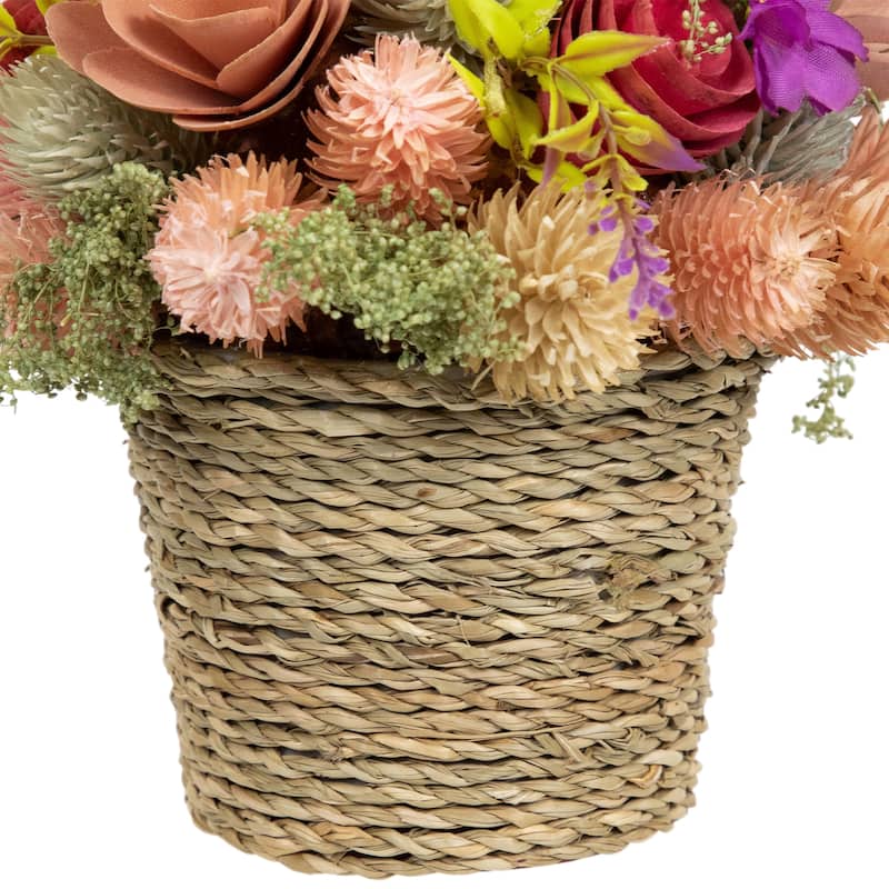 Wooden Mixed Floral Artificial Spring Arrangement with Pot - 7"