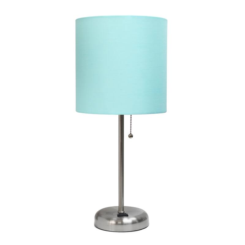 19.5" Power Outlet Metal Lamp in Steel w Aqua Shade - Brushed Steel/Aqua Shade