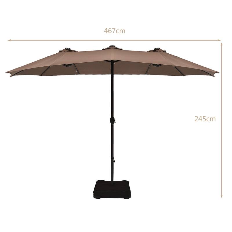 15 Ft Solar LED Patio Double-sided Umbrella Market Umbrella with Weight Base - 15' x 8' (W x H)