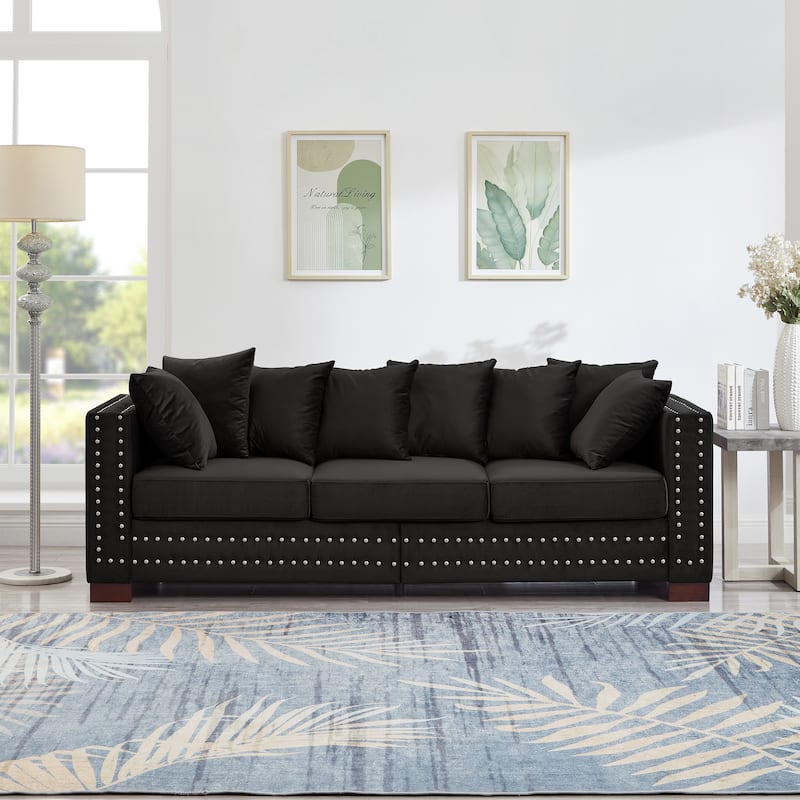 Modern Design Sofa Square Armrest With Silver Nails Decoration Upholstered Velvet Couch - Black