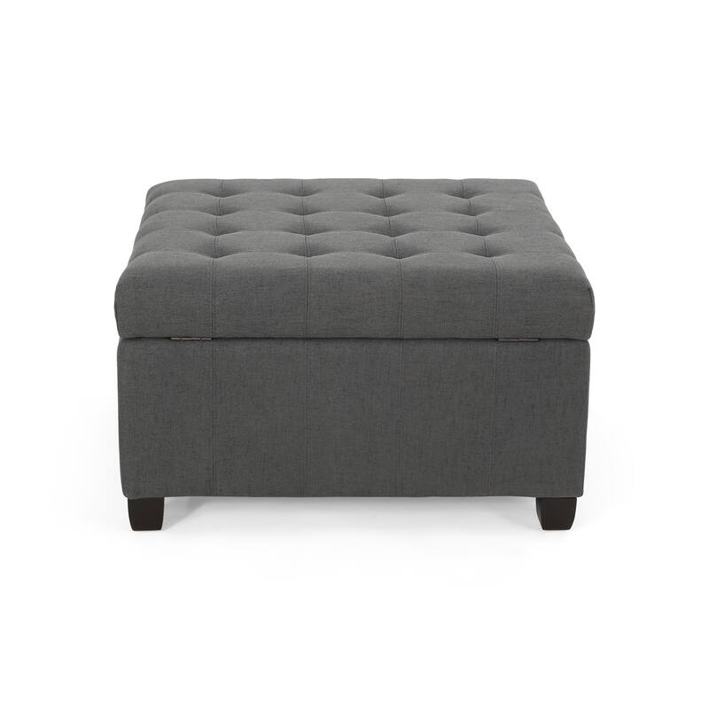 Upholstered Tufted Fabric Storage Ottoman with Birch Wood Legs