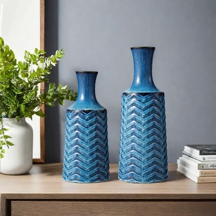 Glitzhome Set of 2 Brilliant Blue Ceramic Table Decorative Vases with Chevron Pattern