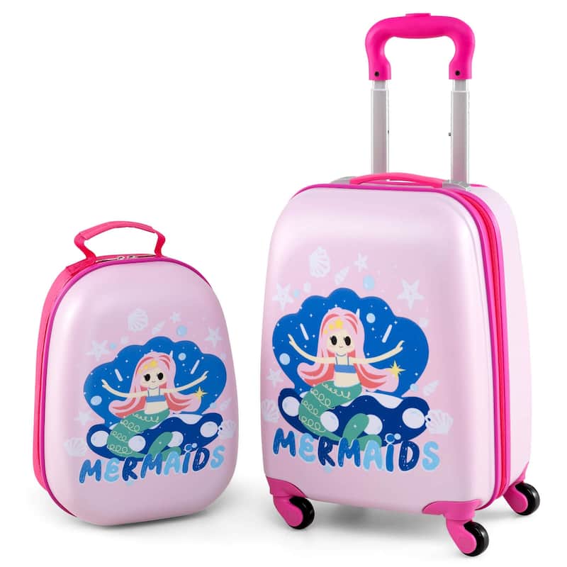Costway 2PC Kids Carry On Luggage Set 12" Backpack and 16" Rolling - See Details - Pink + Blue