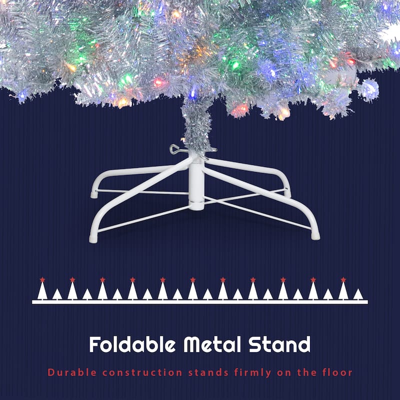 4FT Sliver Pre-Lit Artificial Christmas Tree,Hinged Full Tree with Metal Stand,400 Branch Tips,150 LED Lights,11 Lighting Modes