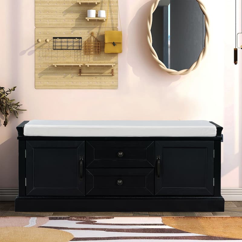 Vintage Chic Wooden Storage Bench with Removable Foam-Filled Velvet Seat Cushion - Black