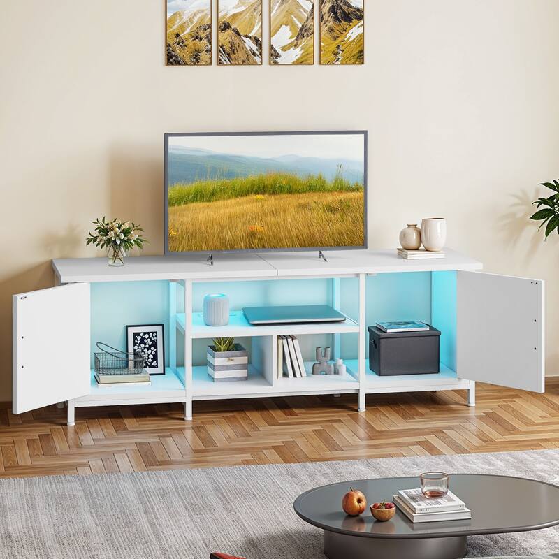 Moasis Farmhouse TV Stand with LED & Charging, Storage Cabinet and Shelves for TVs up to 70", Black - White