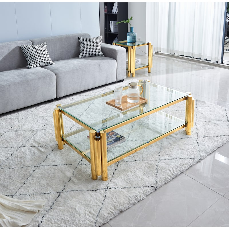 Modern Stainless Steel Coffee Table Tempered Glass Coffee Table with 2Tier Glass Shelves, for Living Room