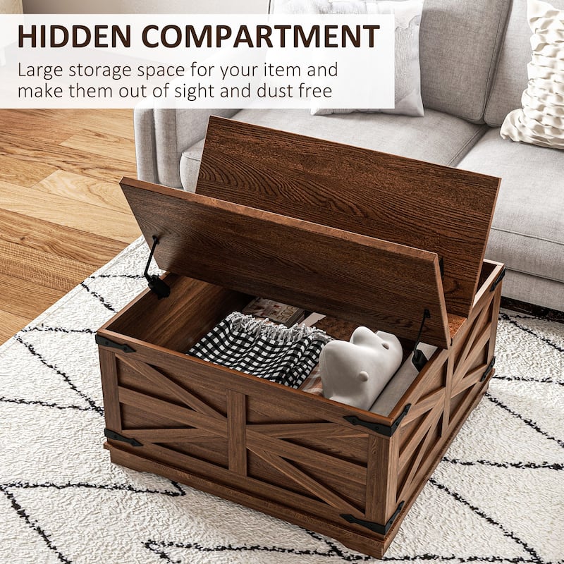 HOMCOM Farmhouse Coffee Table with Storage, Center Table with Hinged Lift Top and Hidden Space, Square Coffee Table