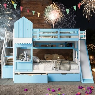 Full Over Full Bunk Bed With 2 Drawers,3 Shelves and Slide,Sturdy Frame