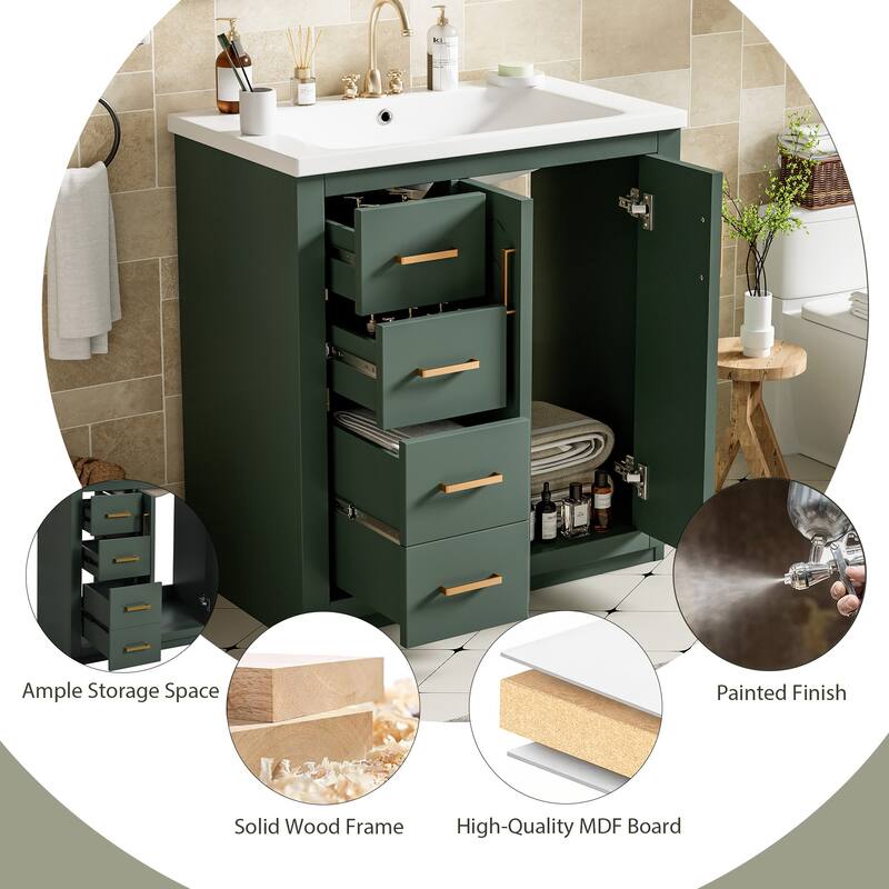 30'' Bathroom Vanity with Sink, Solid Wood Frame, 3 Drawers & 2 Soft-Close Doors, Freestanding Cabinet