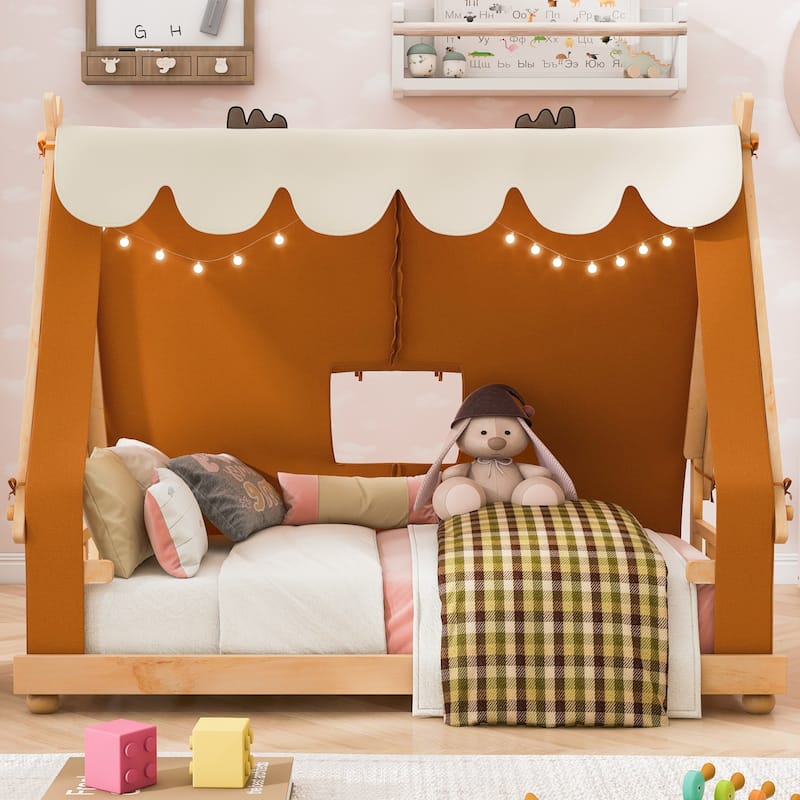 Whimsical Tent House Bed with Lights and Skylight by Harper&Bright Designs - Brown - Twin