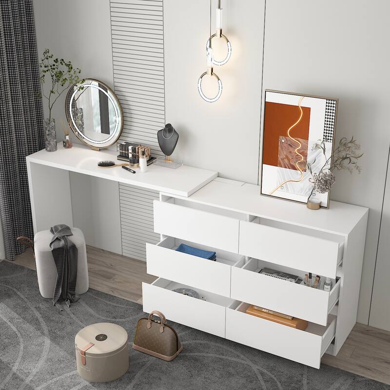 Timechee Home Rotating Dresser and Desk 6 Drawer Dresser Vanity Makeup