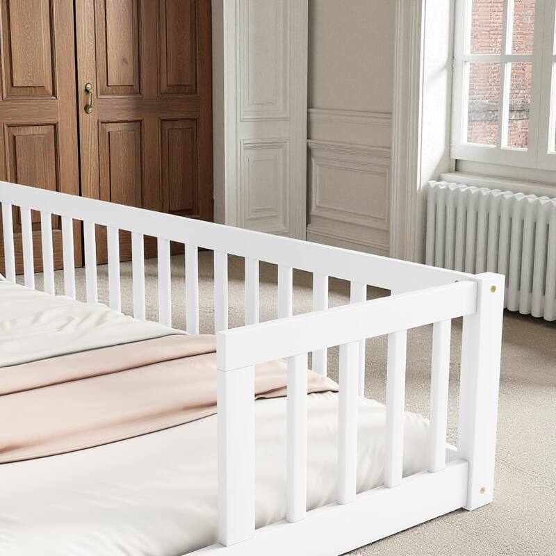 Double Twin Floor Bed with Fence and Guardrails, Solid Pine Wood Frame Montessori Bed for Kids