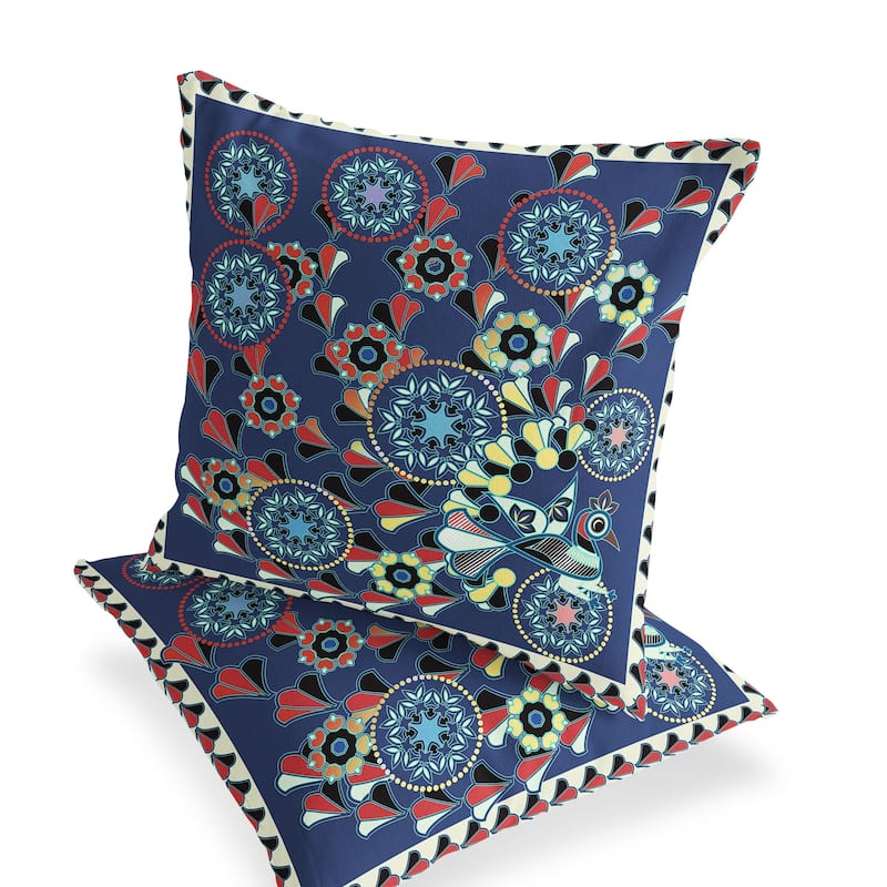 HomeRoots Set of Two 16" X 16" Blue and Off White Peacock Blown Seam Floral Indoor Outdoor Throw Pillow