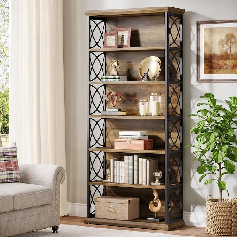 73'' Tall Wood Metal Bookcase Display Bookshelf with 6 Open Shelves - 31.5" L x 12.6" W x 72.83" H