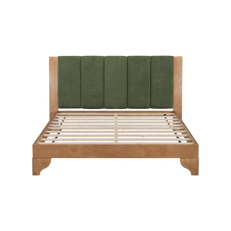 Pine Wood Bed Frame Mid Century Modern Platform Bed with Green Upholstered Headboard, Wood Slat Support Low Profile Wingback Bed