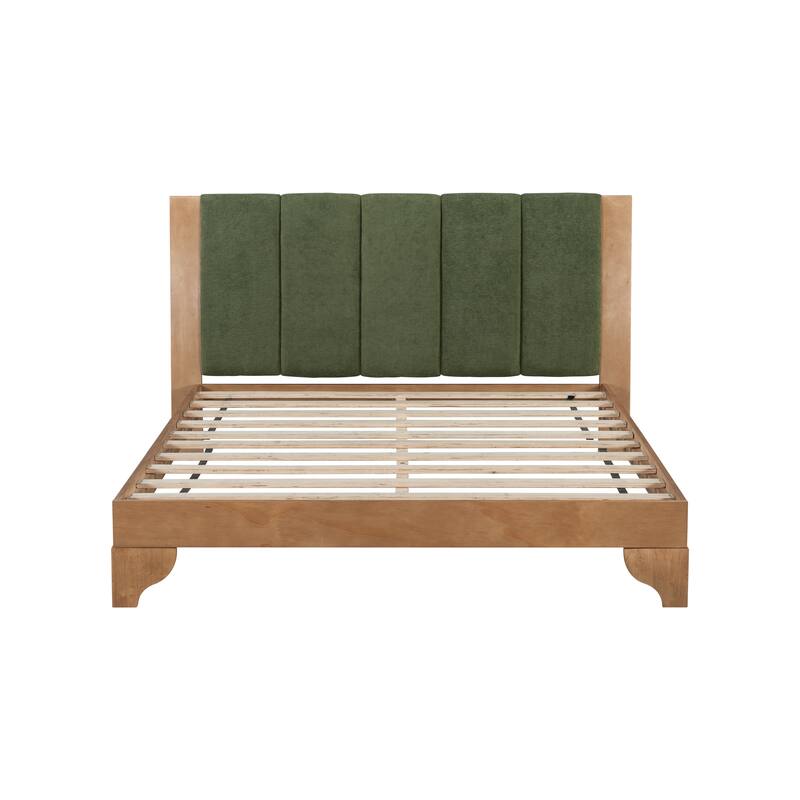 Solid Pine Wood Bed Frame, Mid Century Modern Platform Bed with Upholstered Headboard, No Box Spring Needed