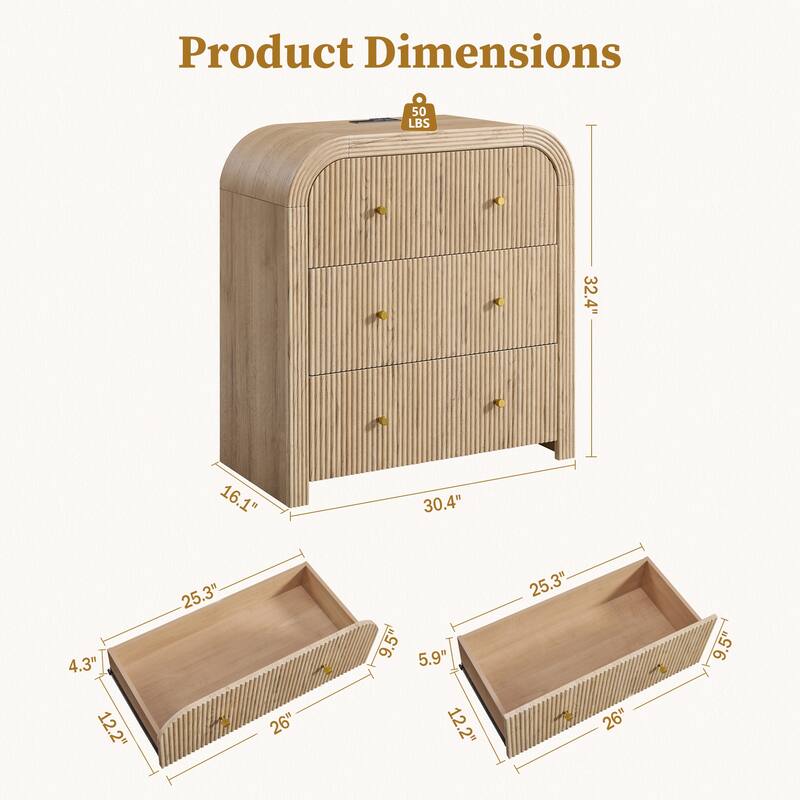 Modern Fluted 3 Drawers Dresser, Rounded Corner Chest of Drawers