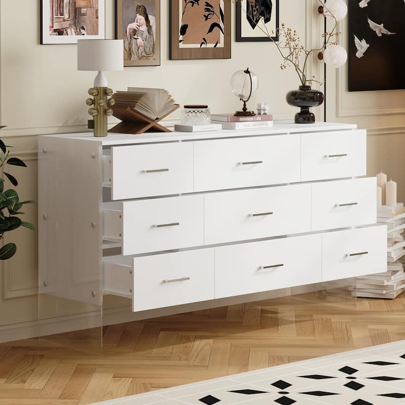 Dresser Chest of 9 Drawers Triple Dresser with Glass Legs White