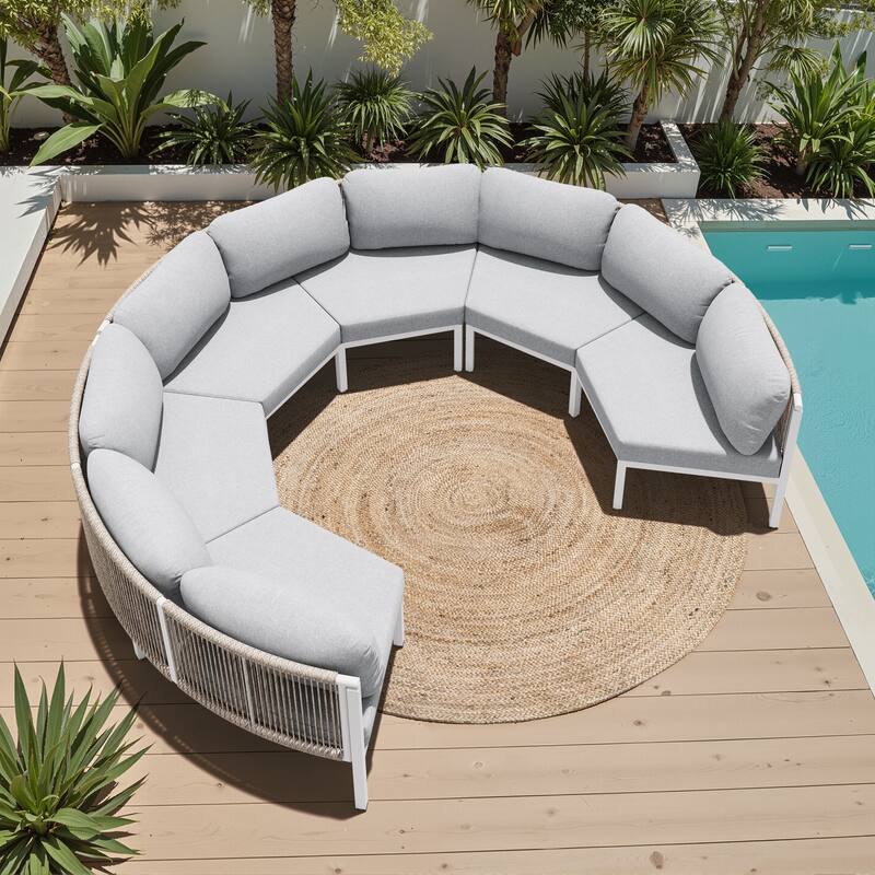 Curved Outdoor Sofa Rattan Sectional Sofa Patio Furniture Set Outdoor Conversation Sets - 6-seater - Light Grey